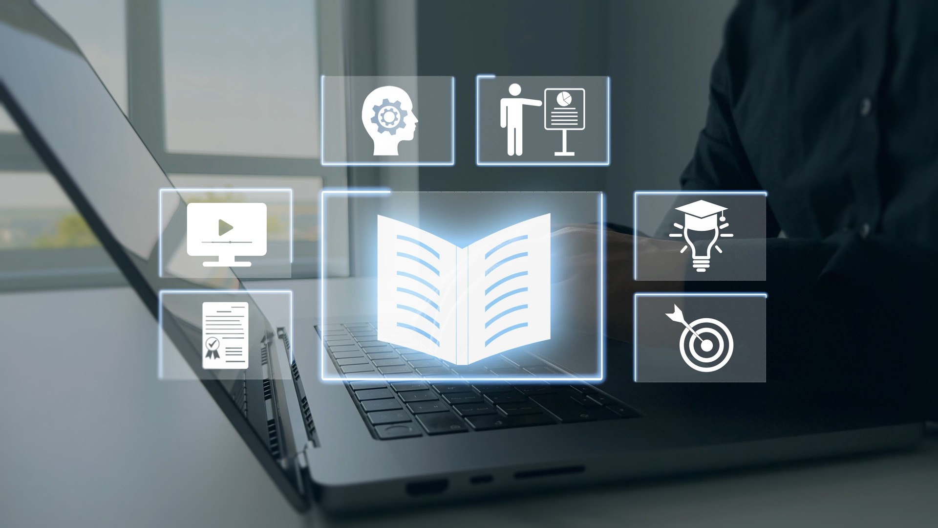 Digital internet lessons and online webinar on virtual screen.E-learning education.Education internet Technology.Business person who attends online lessons on a digital technology screen.