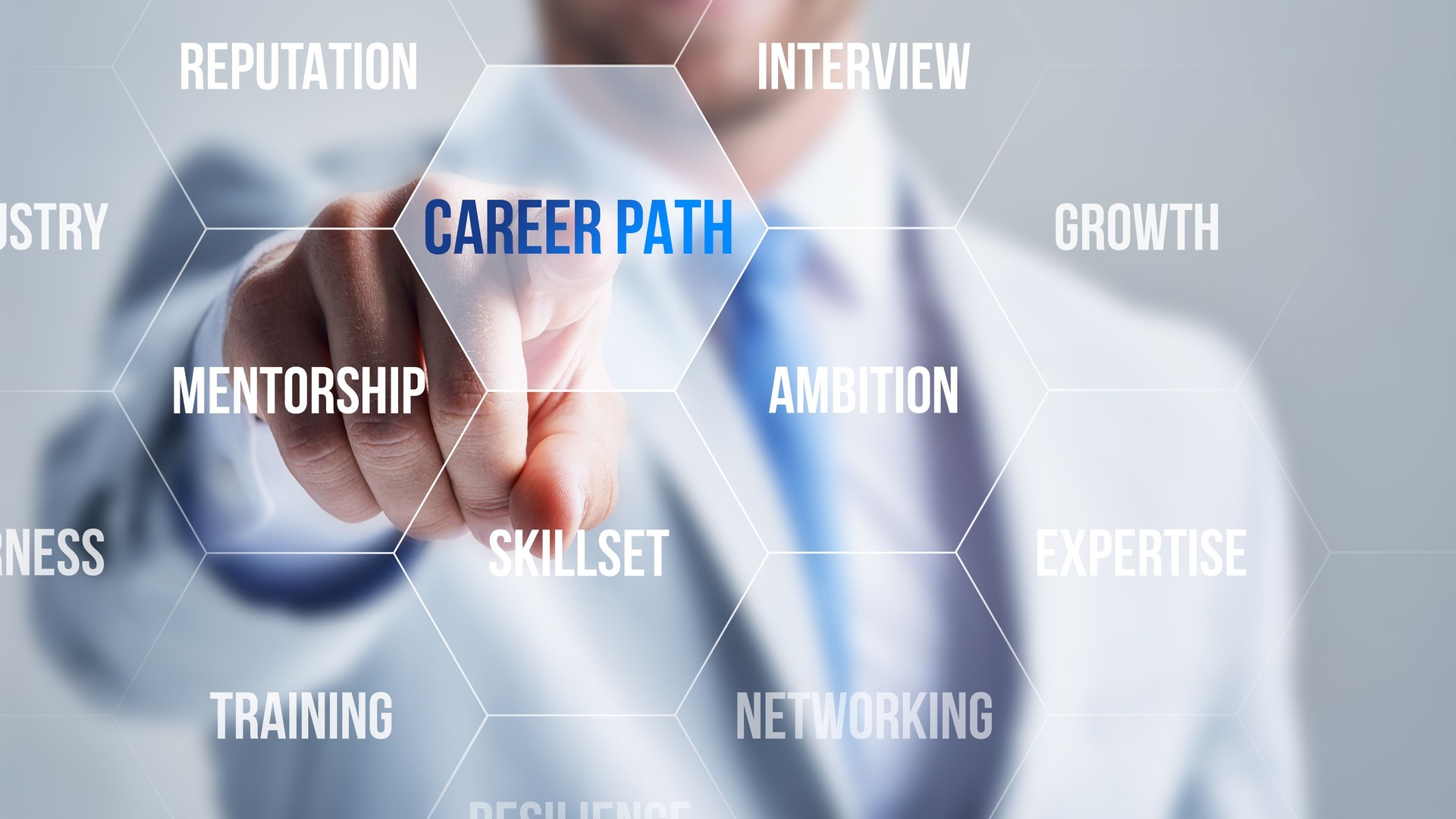 Businessman ponting Career Path with his finger on a touch screen